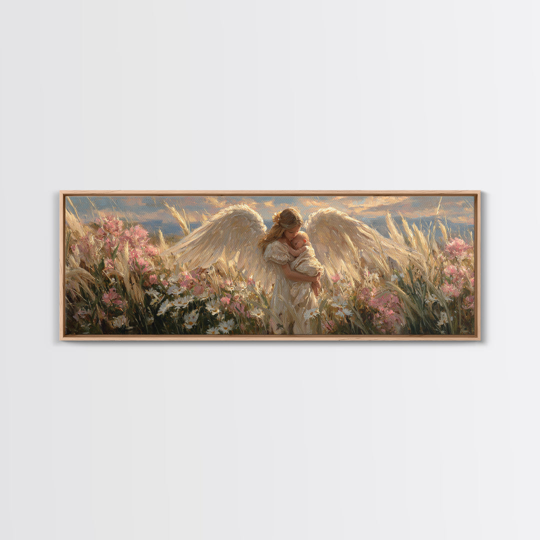 Winged Angel Mother With Newborn At Sunset Wall Art, Christian Home Decor, Romantic Bedroom Art, Housewarming Gift For Mom