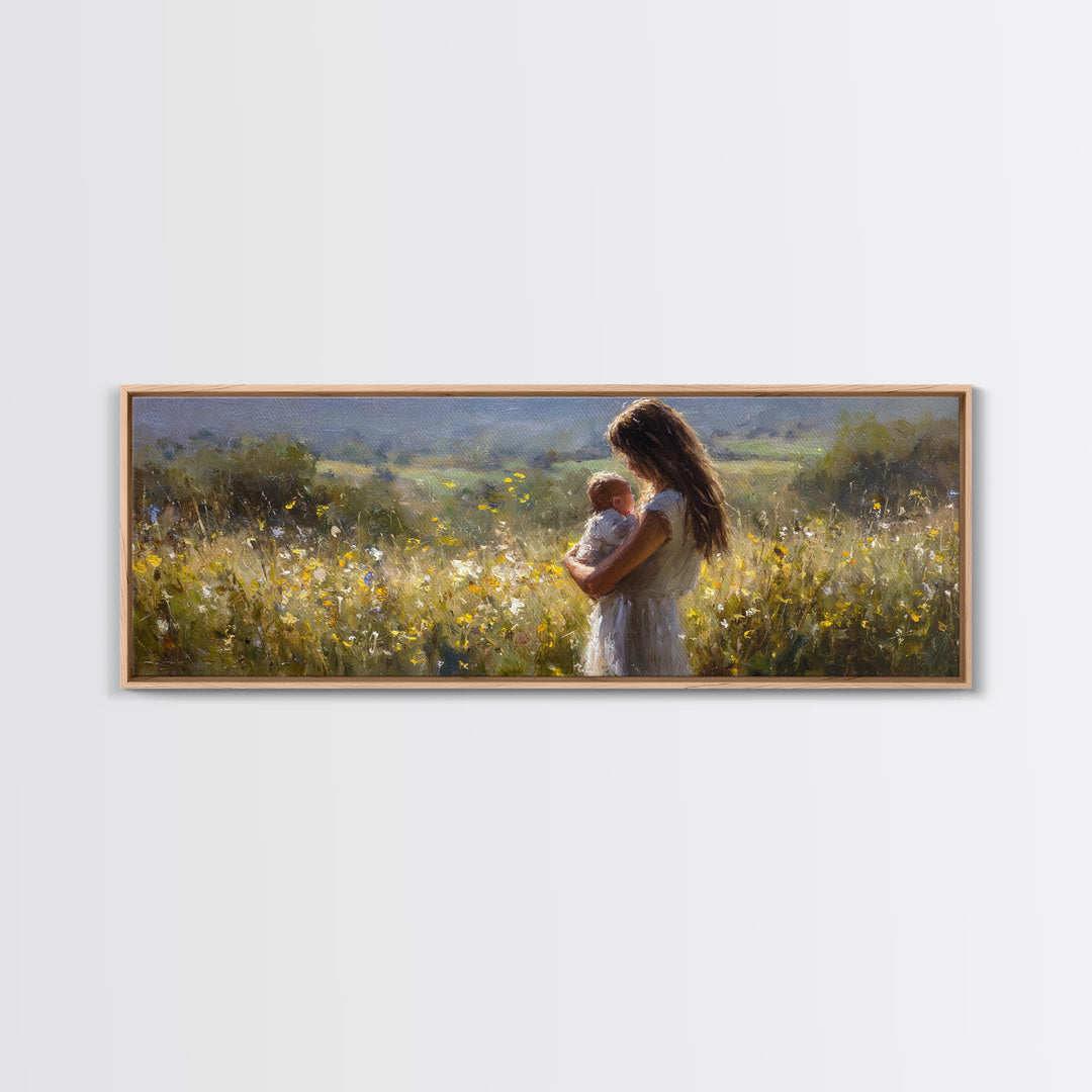 Mother And Baby In Sunlit Wildflower Meadow Wall Art, Impressionist Landscape, Nursery Decor, Gift For Mom, Above Bed Art