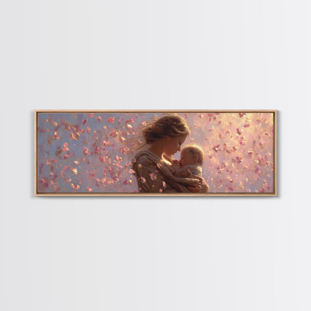 Mother And Baby In Pink Petal Light Canvas Print, Romantic Nursery Wall Art, Feminine Decor, New Mom Gift, Baby Shower Gift