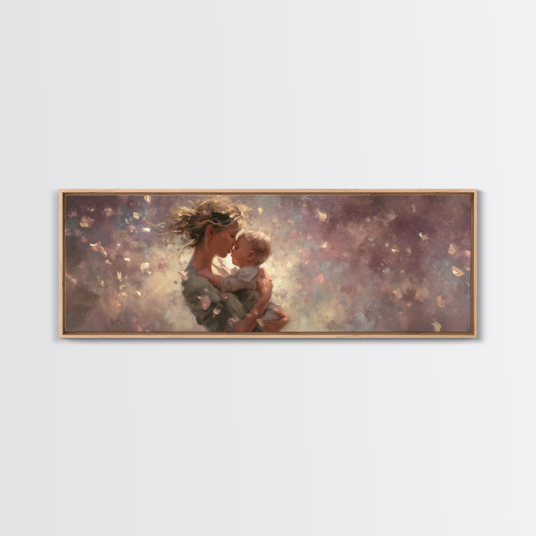 Mother And Baby Embrace In Dreamy Petals Wall Art, Impressionist Canvas Print, Romantic Nursery Decor, Gift For Mom, New Baby Gift