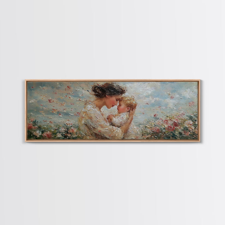 Mother Kissing Baby In Blue Wildflowers Framed Canvas Print, Textured Oil Painting Wall Art, Nursery Decor, New Mom Gift