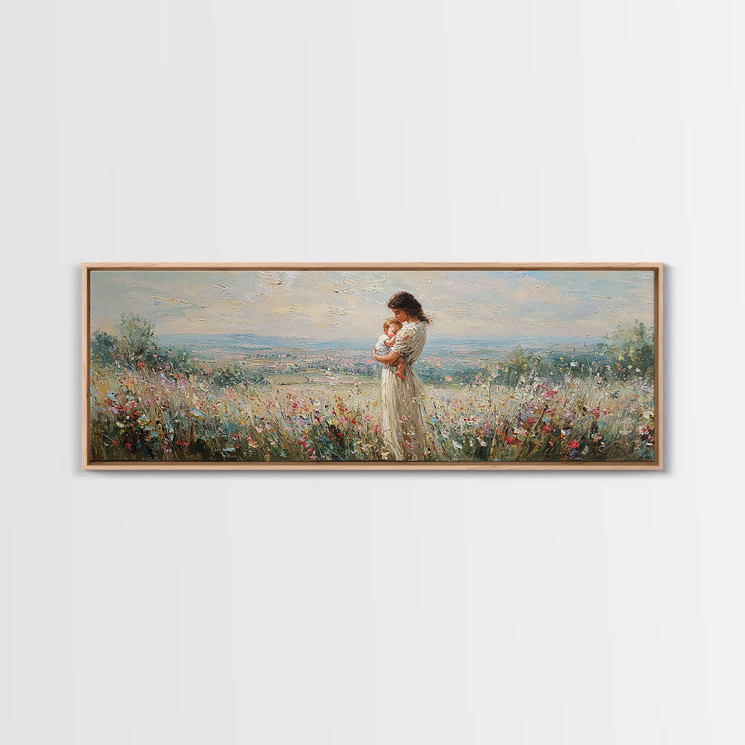 Mother Holding Baby In Hilltop Wildflower Meadow Wall Art, Panoramic Landscape Canvas Print, Nursery Decor, Gift For Mom