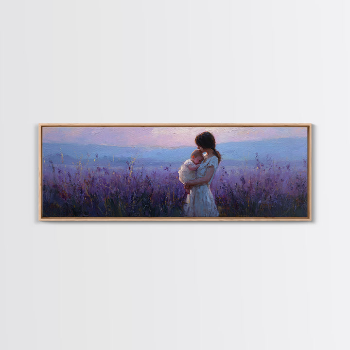 Mother Holding Baby At Lavender Sunset Wall Art, Moody Purple Landscape, Framed Canvas Print, Nursery Decor, Gift For Mom