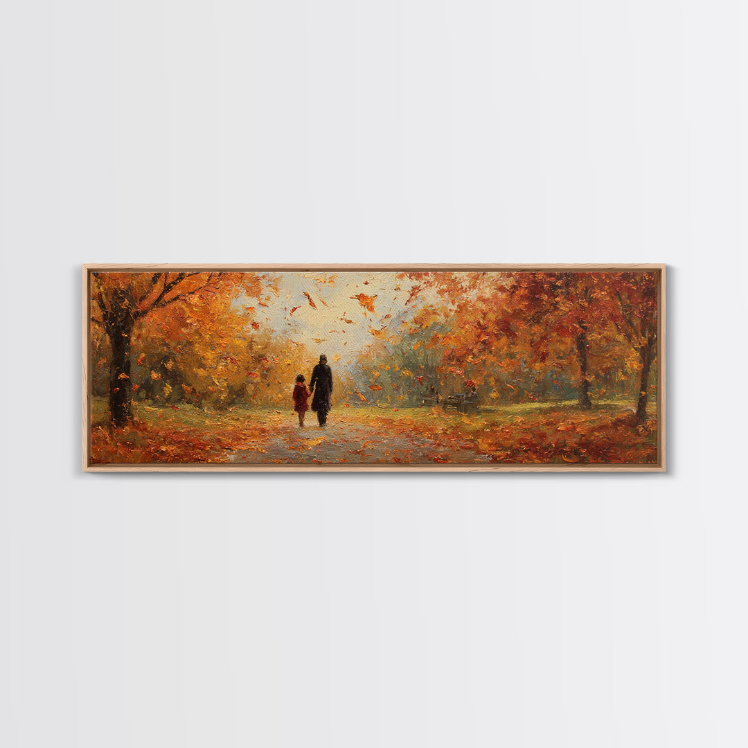 Parent And Child Strolling Golden Autumn Park Wall Art, Large Horizontal Canvas Print, Fall Landscape Decor, Housewarming Gift