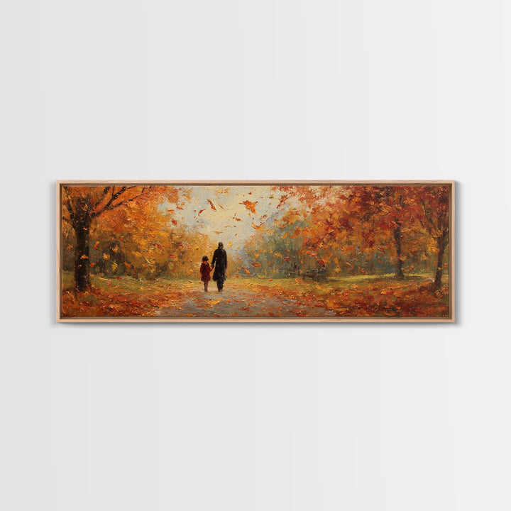 Parent And Child Strolling Golden Autumn Park Wall Art, Large Horizontal Canvas Print, Fall Landscape Decor, Housewarming Gift