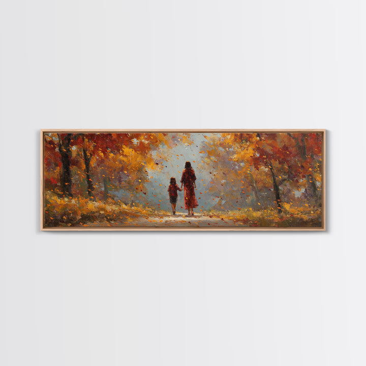 Mother And Daughter On Sunlit Autumn Path Wall Art, Warm Fall Landscape Canvas Print, Cozy Bedroom Decor, Gift For Her, Home Decor