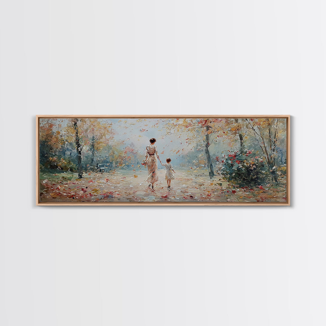 Mother And Child Walking In Soft Autumn Light Wall Art, Impressionist Canvas Print, Tranquil Landscape Decor, Gift For Mom