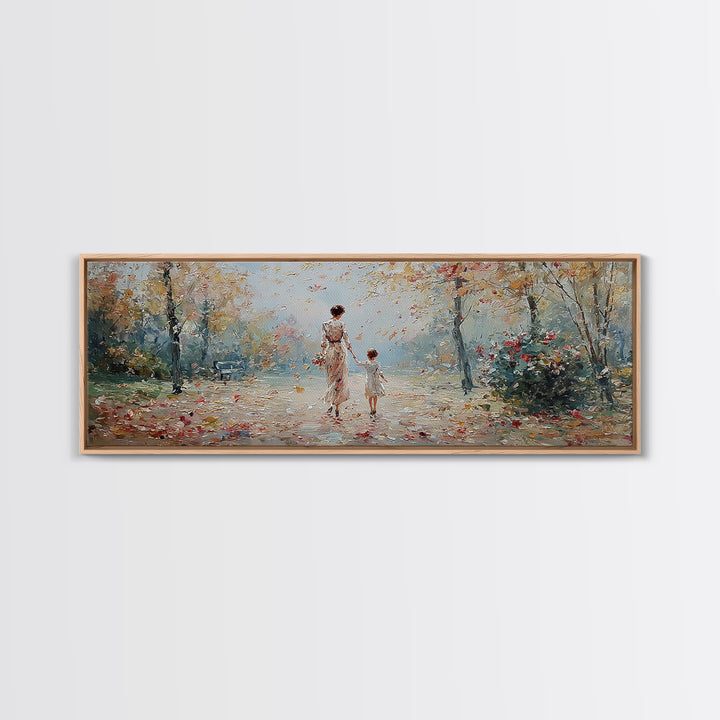 Mother And Child Walking In Soft Autumn Light Wall Art, Impressionist Canvas Print, Tranquil Landscape Decor, Gift For Mom