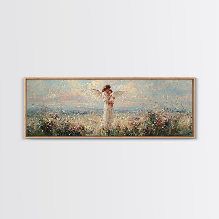 Mother Holding Baby In Blooming Meadow Wall Art, Panoramic Canvas Print, Floral Nursery Decor, Gift For Mom, Above Bed Art