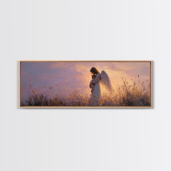 Guardian Angel Cradling Child In Golden Meadow Wall Art, Celestial Canvas Print, Spiritual Nursery Decor, Christian Gift