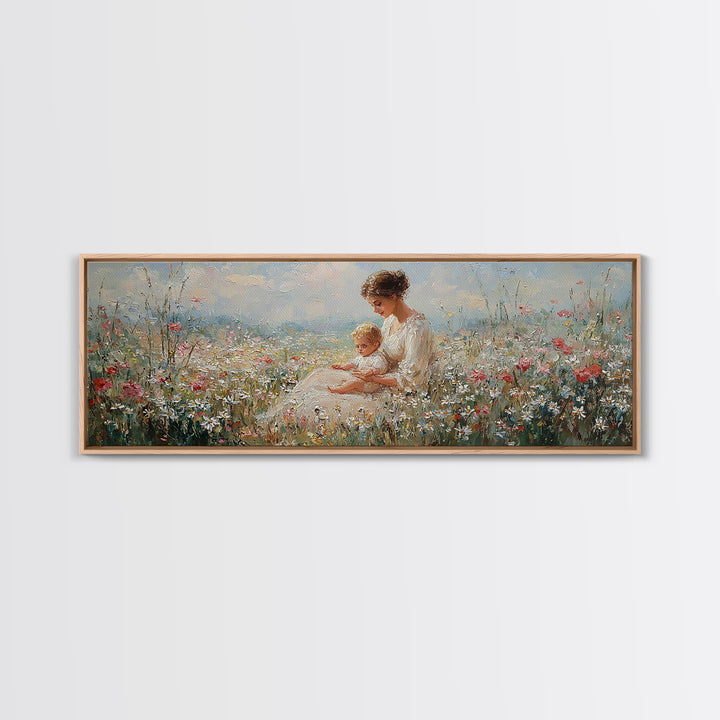 Sunlit Mother And Baby Wildflower Canvas Print, Impressionist Meadow Landscape, Feminine Nursery Wall Art Home Decor, Gift For Her