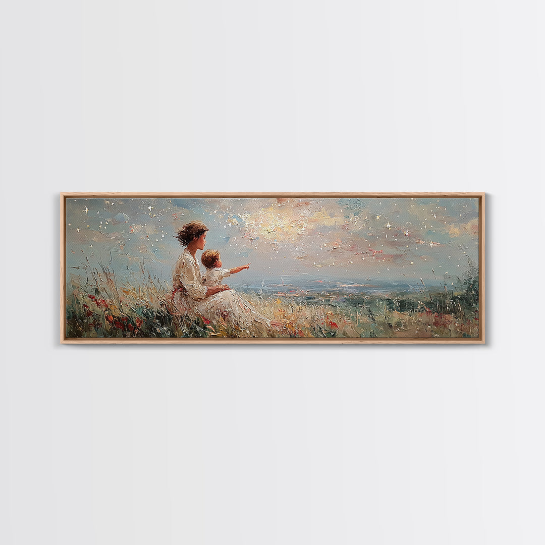 Mother And Child Pointing At Sunlit Sky Framed Canvas Print, Wildflower Meadow Landscape, Nursery Wall Art, Gift For Her