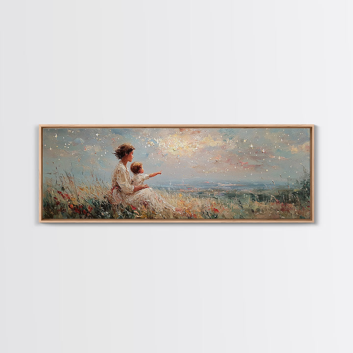 Mother And Child Pointing At Sunlit Sky Framed Canvas Print, Wildflower Meadow Landscape, Nursery Wall Art, Gift For Her