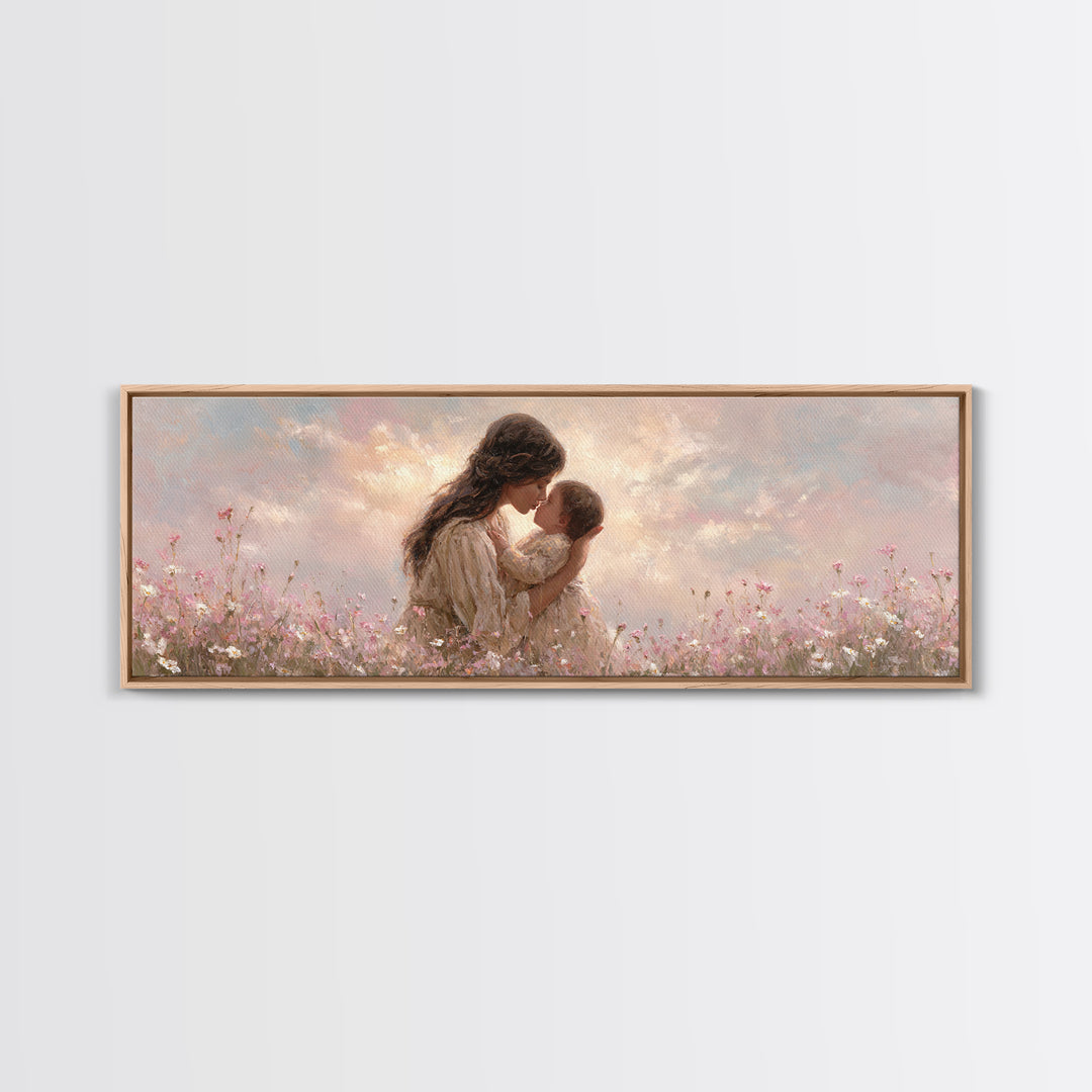 Tender Mother And Baby Kiss Canvas Print, Soft Pink Wildflower Meadow Painting, Nursery Wall Art, Feminine Home Decor, Gift For Mom