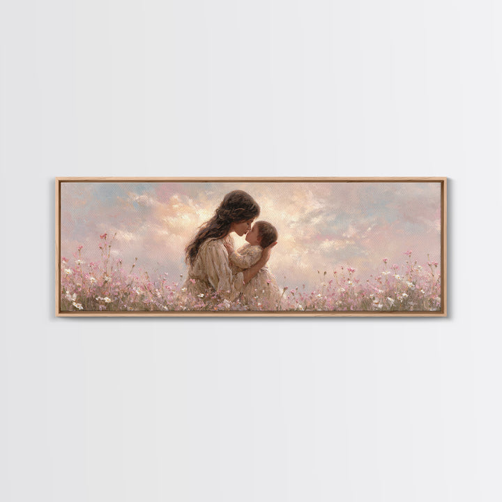 Tender Mother And Baby Kiss Canvas Print, Soft Pink Wildflower Meadow Painting, Nursery Wall Art, Feminine Home Decor, Gift For Mom