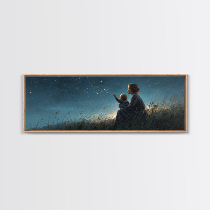 Mother And Child Stargazing Canvas Print, Blue Night Meadow Wall Art, Celestial Nursery Decor, Above Bed Art, Gift For Mom
