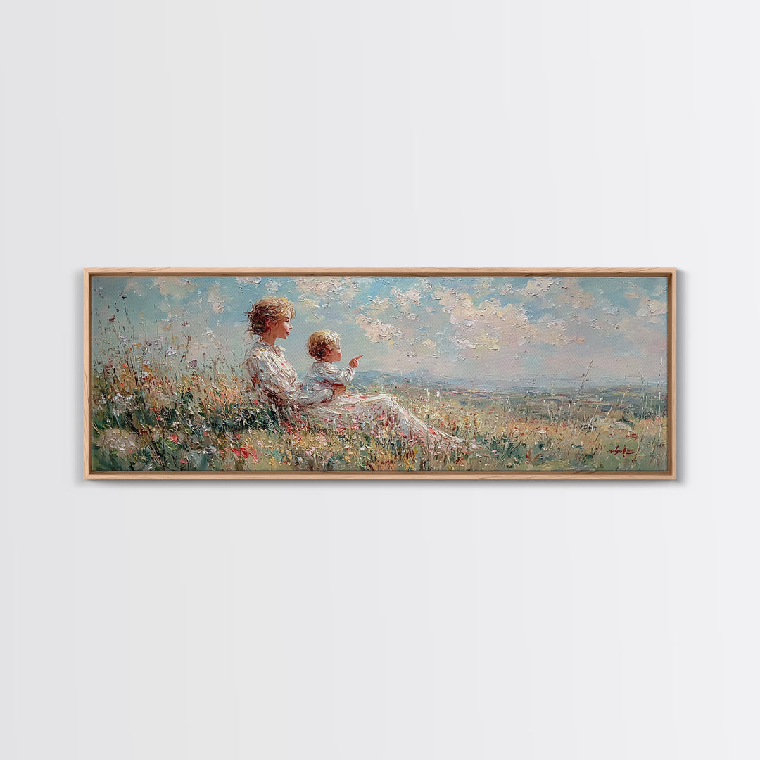 Mother And Child On Sunny Hill Framed Canvas Print, Impressionist Wildflower Landscape, Panoramic Wall Art, Nursery Decor
