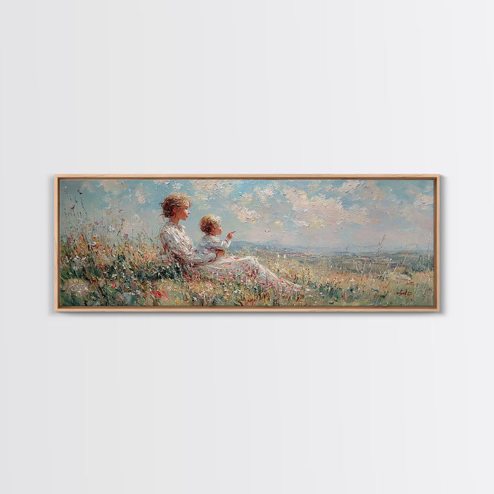 Mother And Child On Sunny Hill Framed Canvas Print, Impressionist Wildflower Landscape, Panoramic Wall Art, Nursery Decor