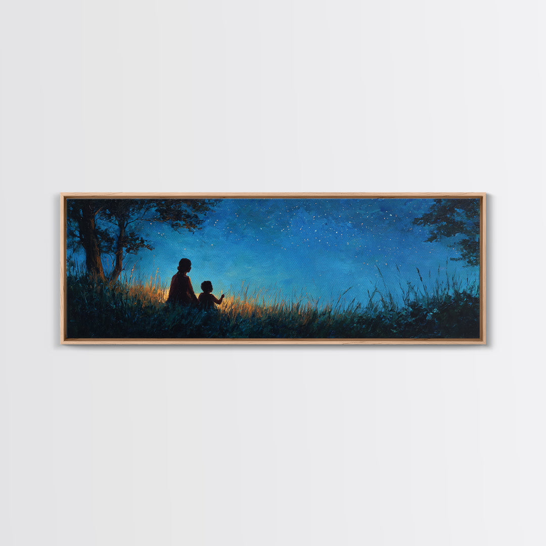 Silhouette Mother And Child Under Stars Wall Art, Moody Blue Night Landscape, Celestial Nursery Decor, Rustic Home Decor