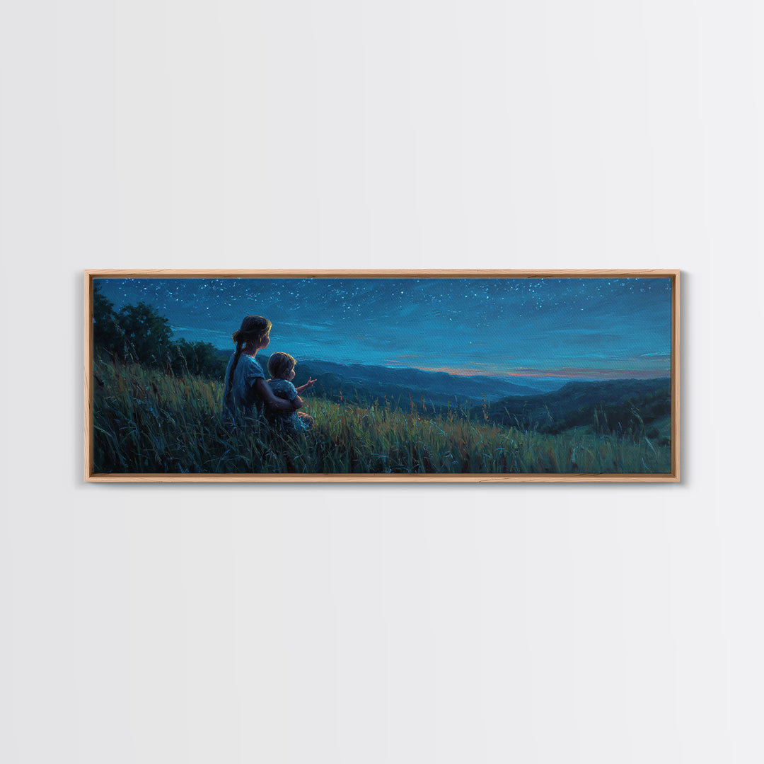 Mother And Child Over Moonlit Valley Canvas Print, Starry Blue Mountain Landscape Wall Art, Above Bed Decor, Gift For Her