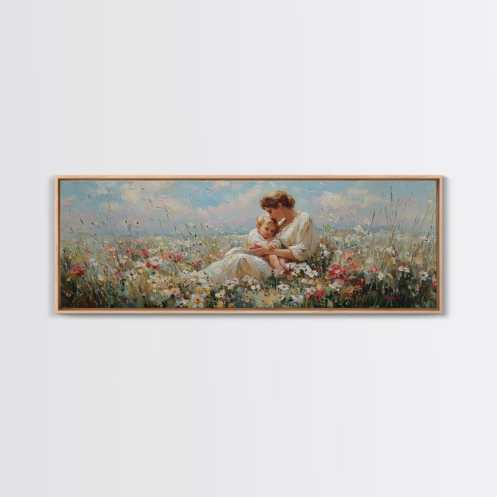 Mother And Child In Sunlit Flower Field Framed Canvas Print, Impressionist Nursery Wall Decor, Floral Art, Gift For Mom