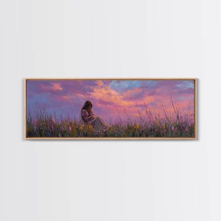 Expectant Mother In Twilight Wildflower Meadow Wall Art, Pink Sunset Canvas Print, Feminine Nursery Decor, Gift For New Mom