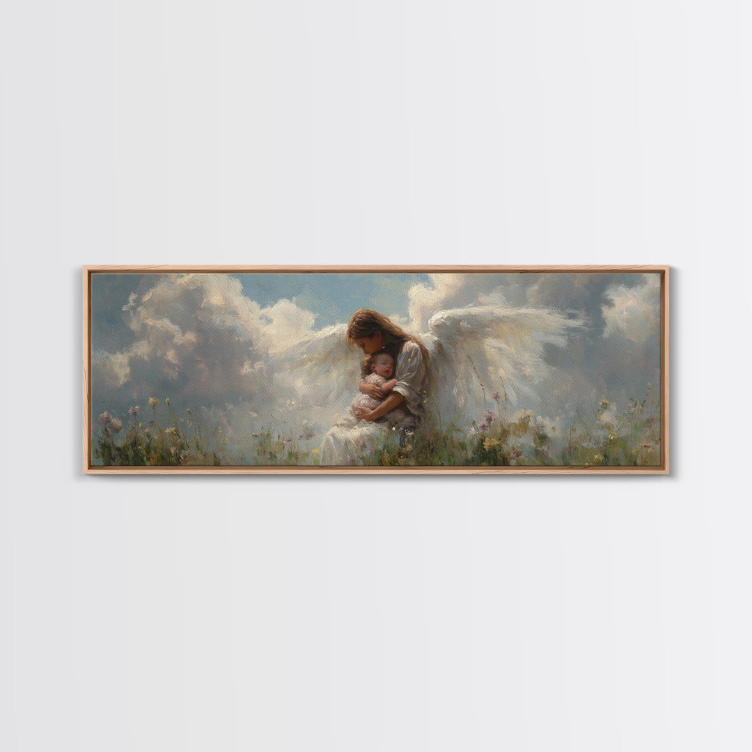Angel Mother Cradling Baby In Cloudy Meadow Framed Canvas Print, Spiritual Nursery Wall Decor, Ethereal Art, Gift For Mom