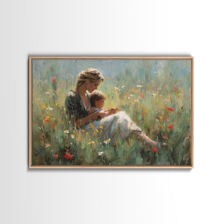 Mother Nursing Baby In Poppy Meadow Wall Art, Soft Impressionist Oil Painting Print, Feminine Nursery Decor Gift For Her