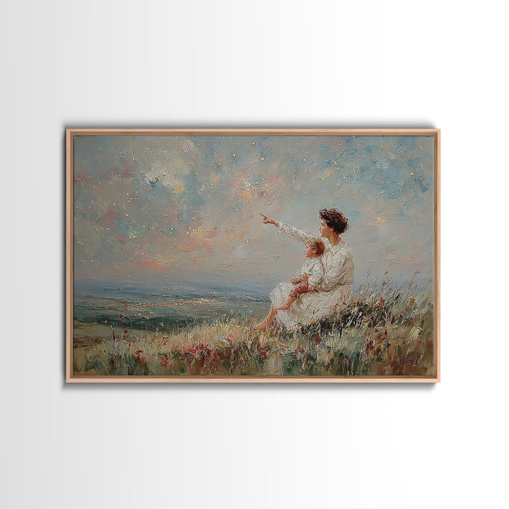 Mother And Child By Sparkling Sea Canvas Print, Coastal Impressionist Wall Art, Ocean Landscape Living Room Decor Gift For Her