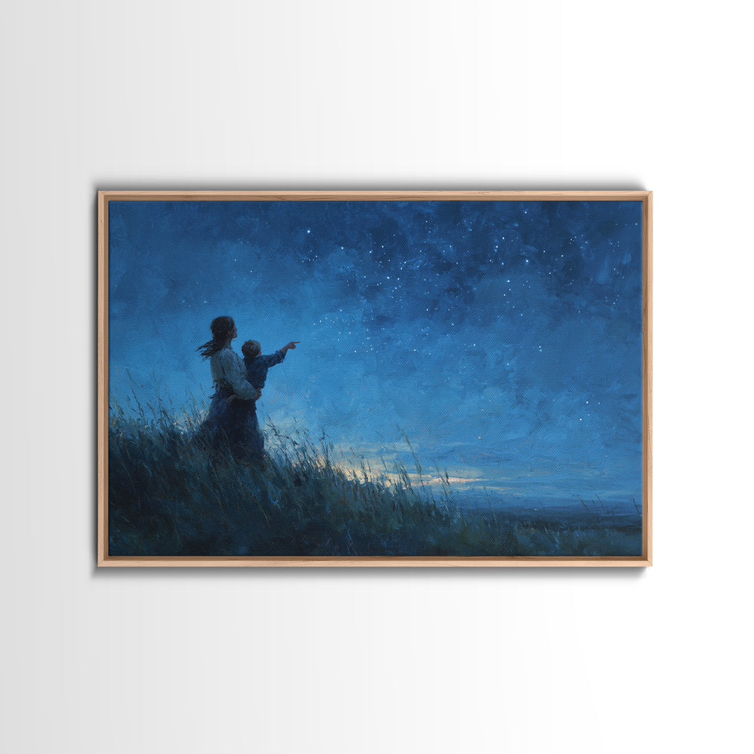 Mother And Child Pointing At Stars Canvas Print, Moody Celestial Wall Art, Blue Night Sky Bedroom Nursery Decor Gift For Her