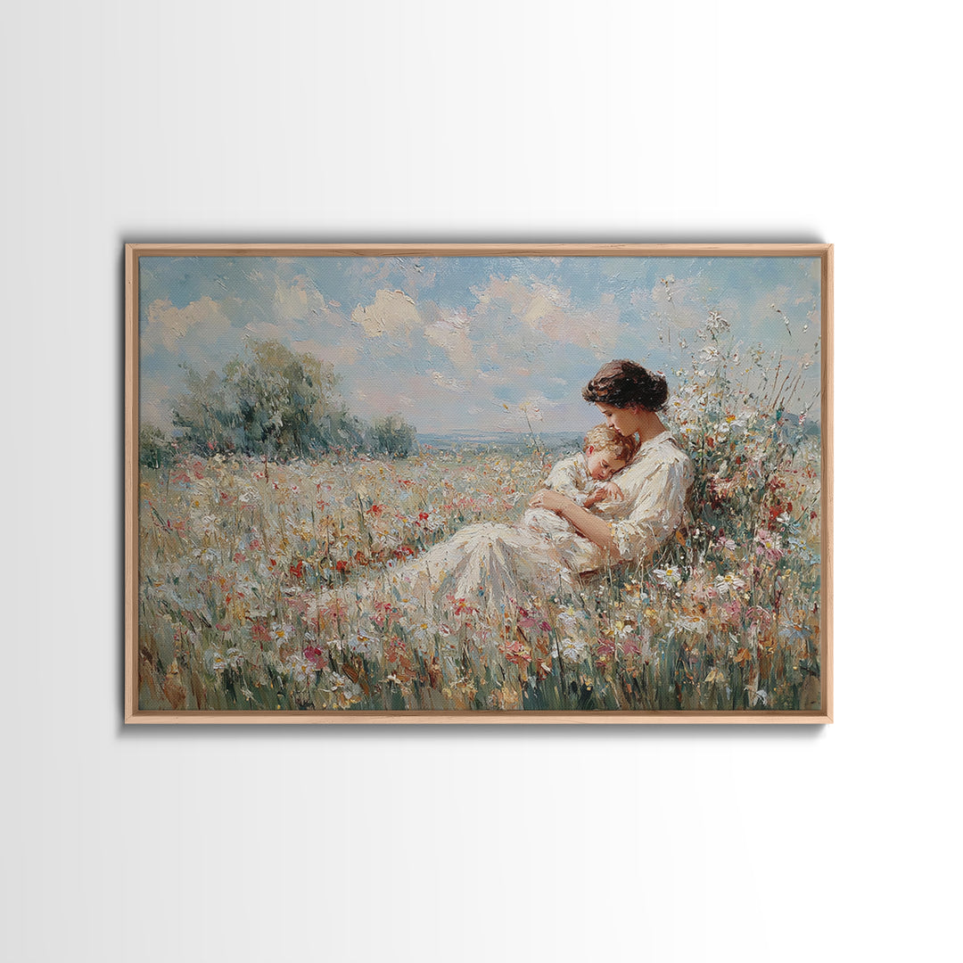 Mother Cradling Baby In Summer Meadow Canvas Print, Floral Wall Art, Impressionist Painting, Nursery Decor, Gift For Mom