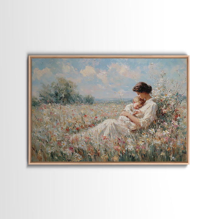 Mother Cradling Baby In Summer Meadow Canvas Print, Floral Wall Art, Impressionist Painting, Nursery Decor, Gift For Mom