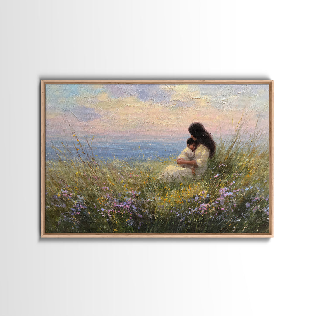 Mother And Baby By Ocean Sunset Canvas Print, Coastal Wall Art, Seascape Decor, Nursery Wall Art, Gift For Mom, Beach House