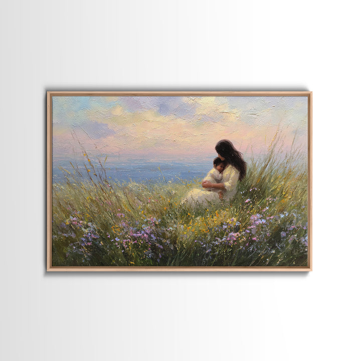 Mother And Baby By Ocean Sunset Canvas Print, Coastal Wall Art, Seascape Decor, Nursery Wall Art, Gift For Mom, Beach House