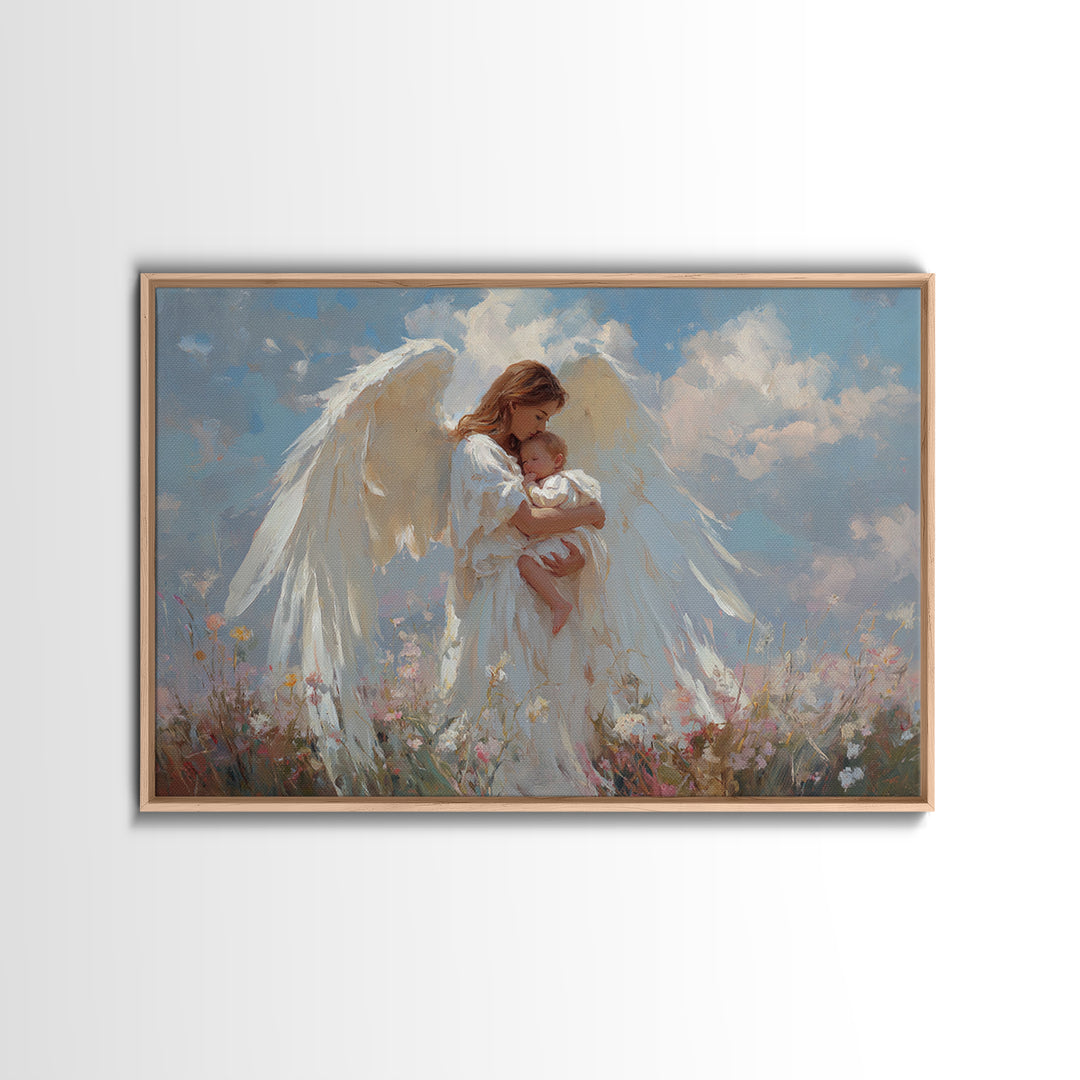 Guardian Angel Holding Baby Framed Canvas Print, Christian Wall Art, Nursery Decor, Spiritual Gift, Baby Shower Gift For Mom