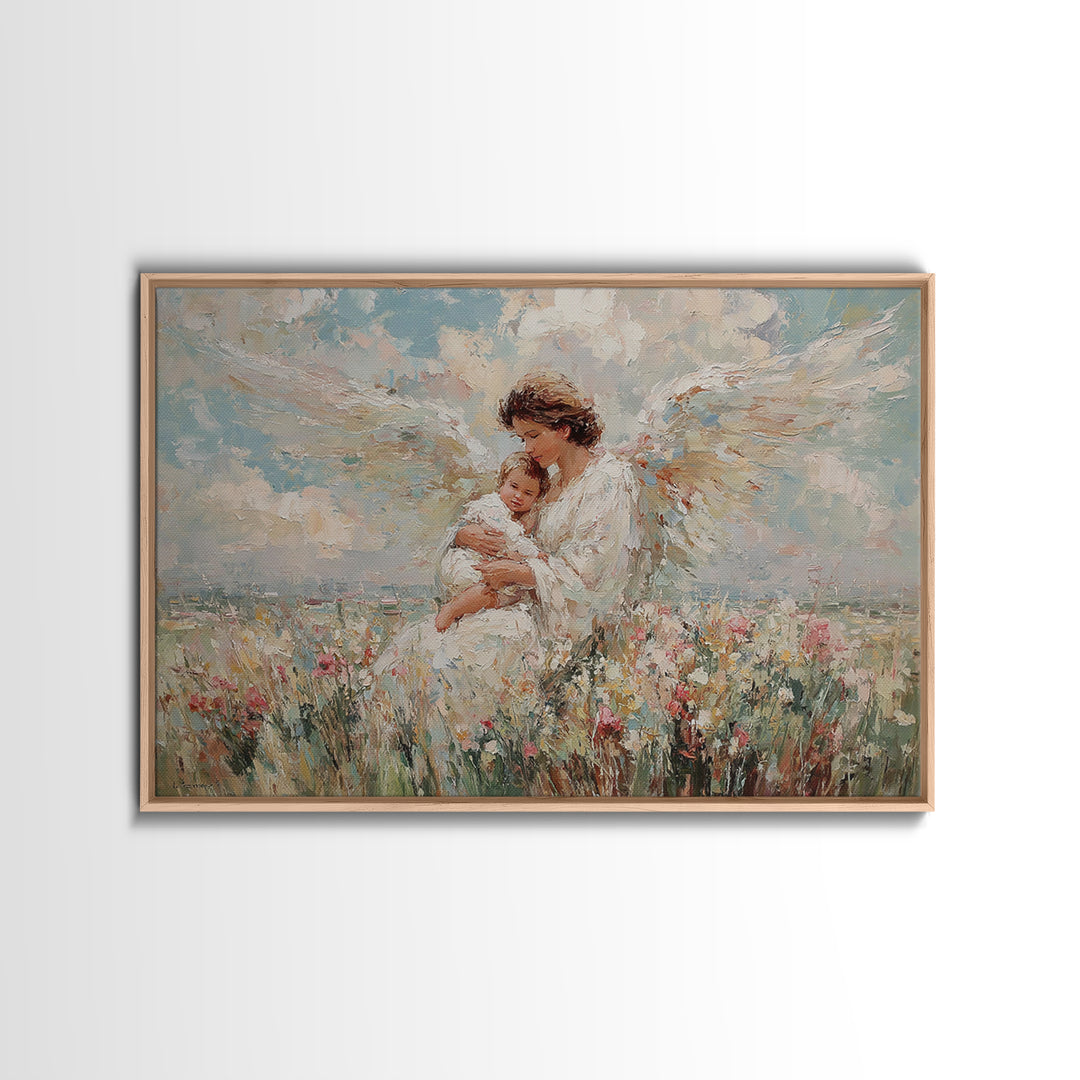 Angel Mother And Baby In Wildflower Meadow Canvas Print, Christian Wall Art, Nursery Decor, Spiritual Gift, Baby Shower Gift