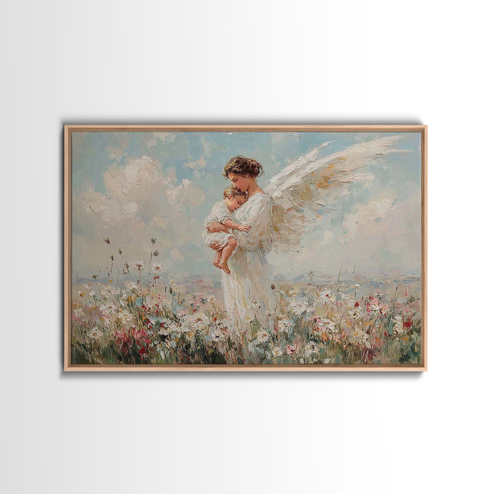 Guardian Angel Mother And Baby In Wildflower Meadow Wall Art, Christian Nursery Decor, Spiritual Gift, Serene Bedroom Print