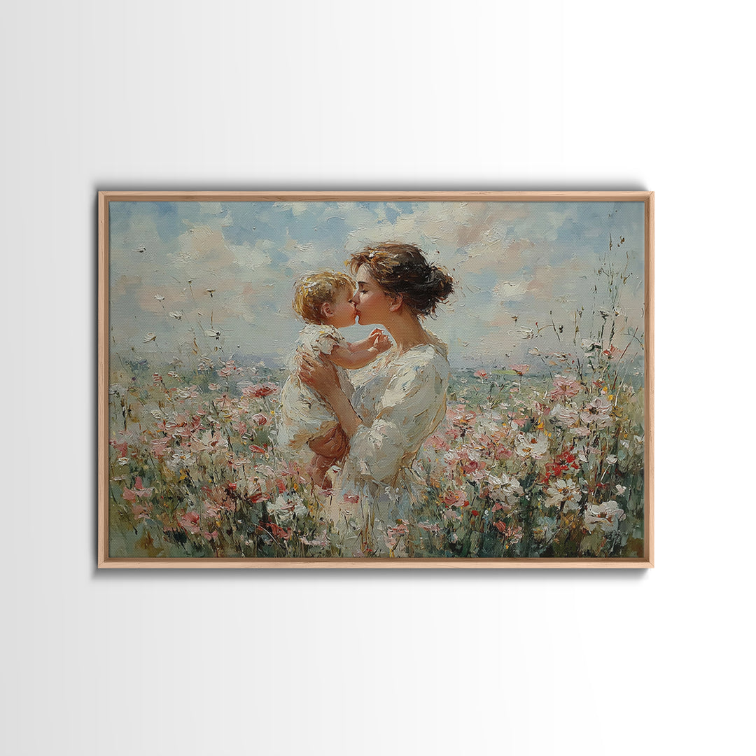 Tender Mother And Baby Kiss In Flower Meadow Framed Canvas Print, Feminine Wall Decor, Nursery Art, Gift For Mom, Peaceful Bedroom Decor