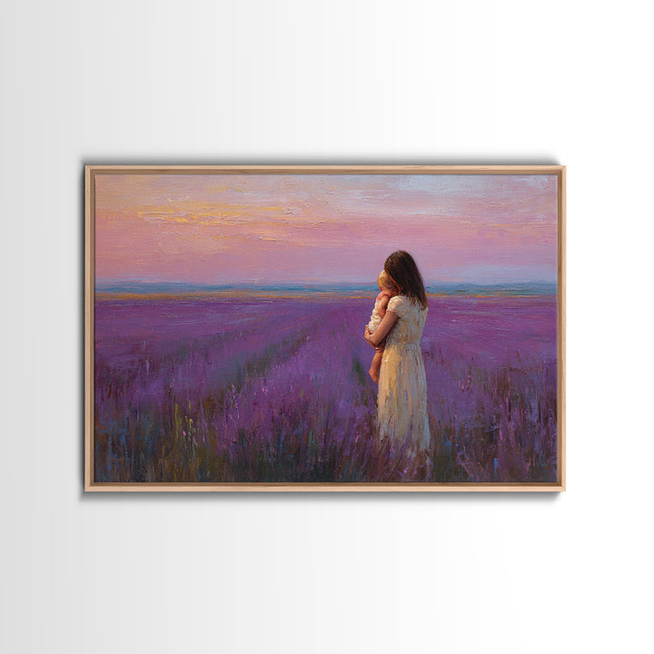 Mother And Baby In Lavender Field Sunset Wall Art, Purple Landscape Print, Romantic Nursery Decor, Gift For Her, Calming Bedroom Decor