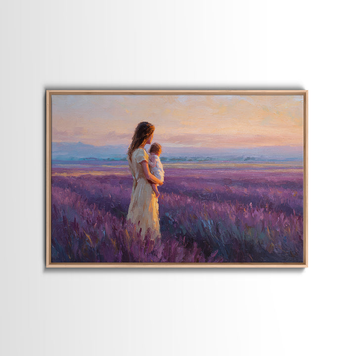 Mother And Child In Lavender Meadow Sunrise Canvas Print, Romantic Landscape Wall Art, Purple Bedroom Decor, Gift For Her