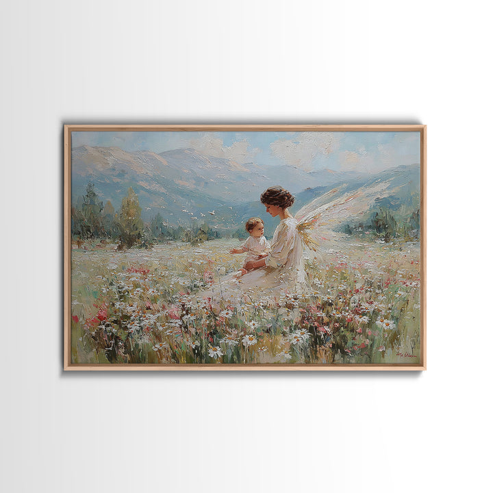 Guardian Angel And Child In Alpine Wildflower Meadow Framed Canvas Print, Christian Wall Art, Mountain Nursery Decor Gift