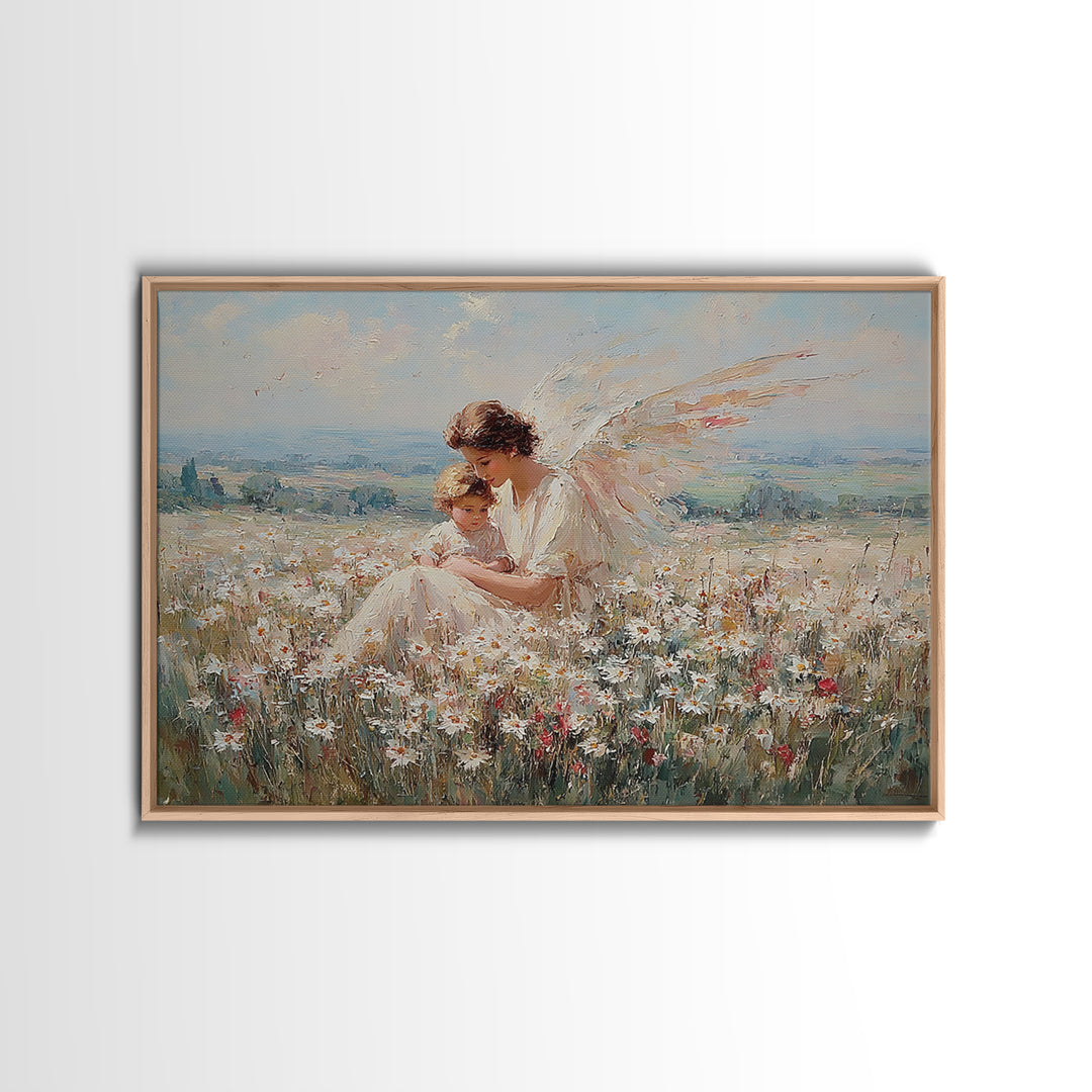 Angel Mother And Child In Wildflower Meadow Wall Art, Serene Religious Nursery Decor, Christian Gift, Fine Art Print, Home Decor