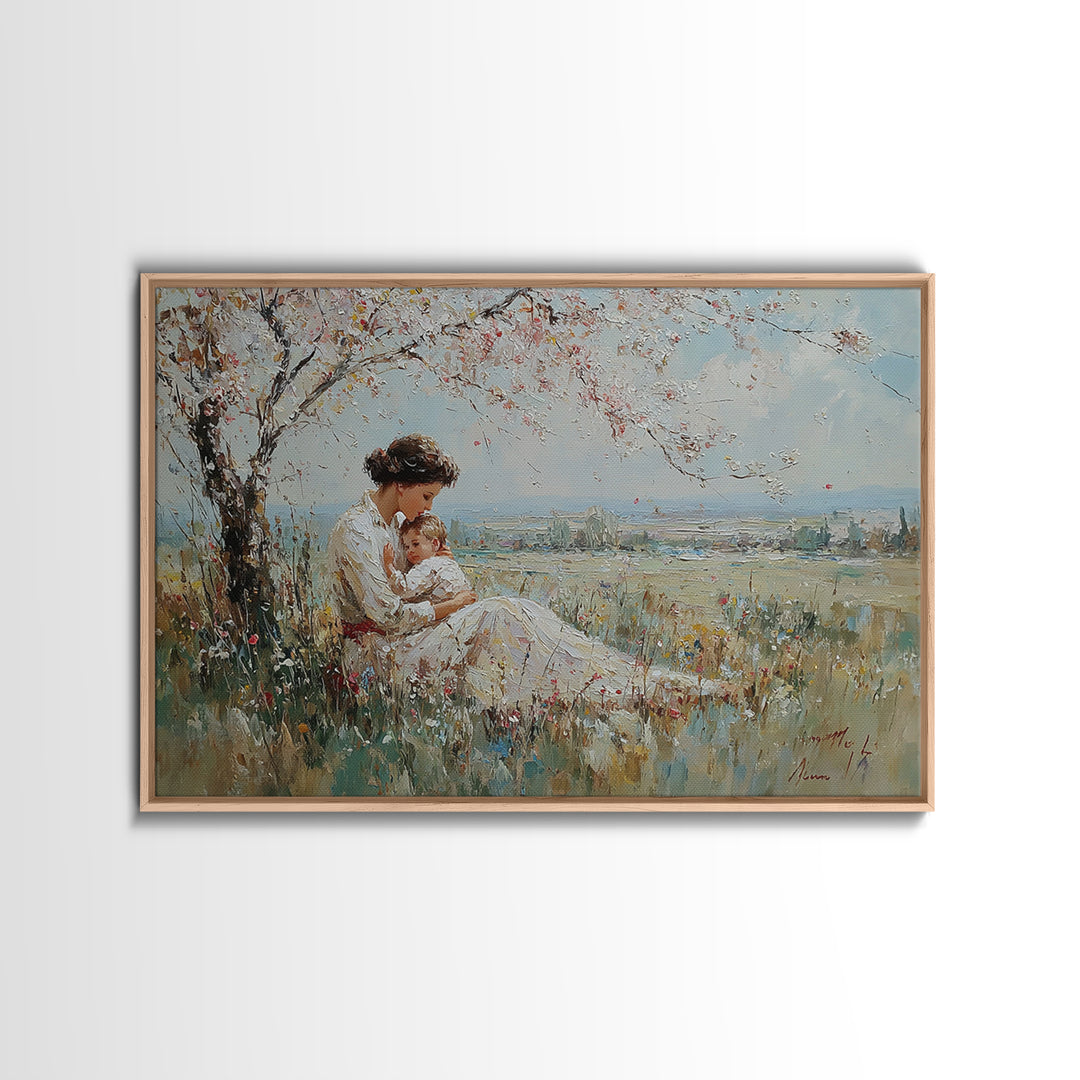 Mother Holding Baby Beneath White Blossom Tree Framed Canvas Print, Spring Wall Art, Christian Nursery Decor, Gift For Mom