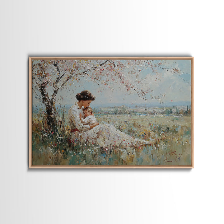 Mother Holding Baby Beneath White Blossom Tree Framed Canvas Print, Spring Wall Art, Christian Nursery Decor, Gift For Mom