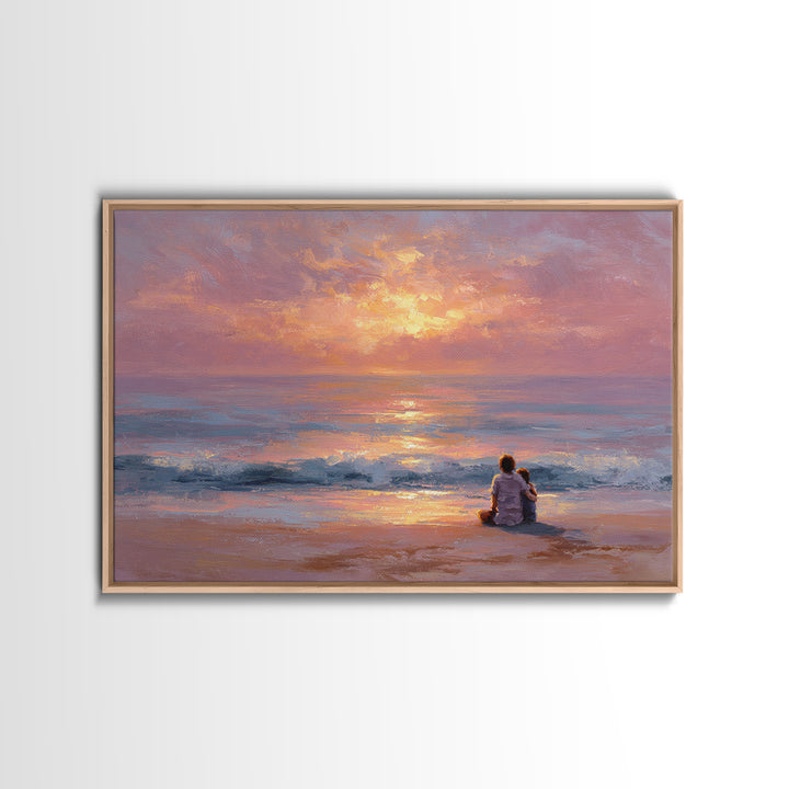 Parent And Child Watching Ocean Sunset Wall Art, Coastal Beach Canvas Print, Seascape Living Room Decor, Housewarming Gift