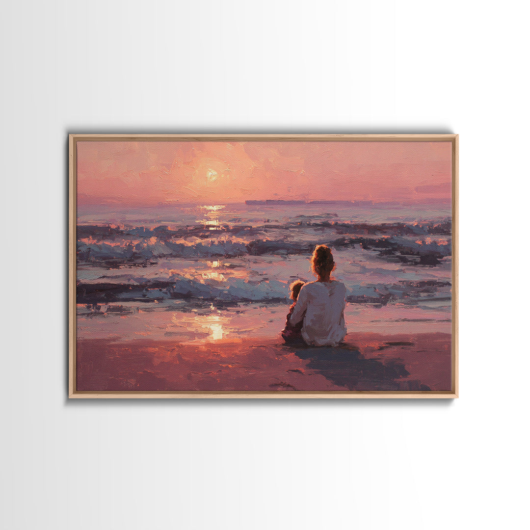 Mother And Child At Pink Ocean Sunset Wall Art, Coastal Beach House Decor, Serene Seascape Print, Gift For Mom, Living Room Decor