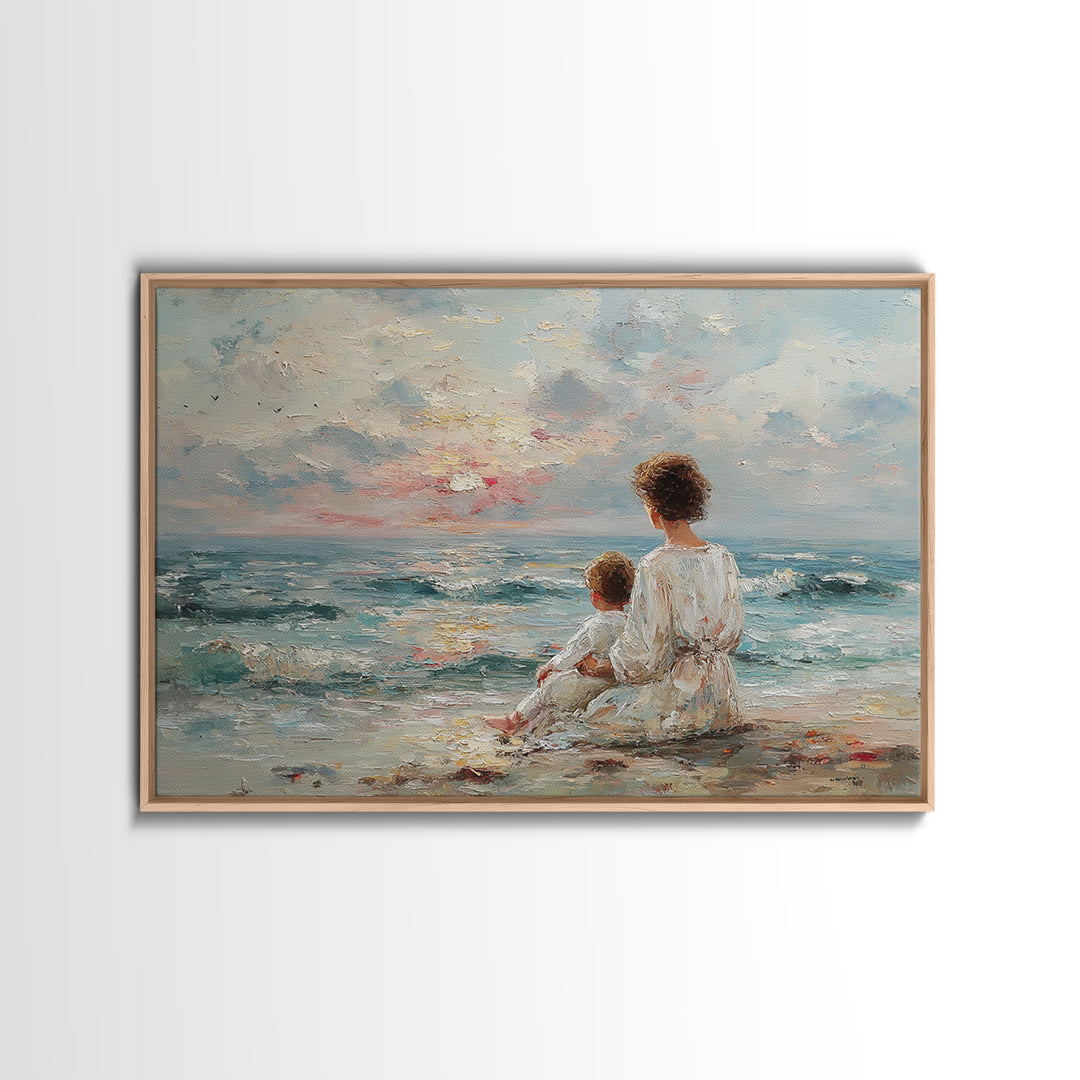 Mother And Child By Blue Sea Framed Canvas Print, Coastal Wall Art, Beach House Decor, Ocean Nursery, Gift For Mom, Living Room Art