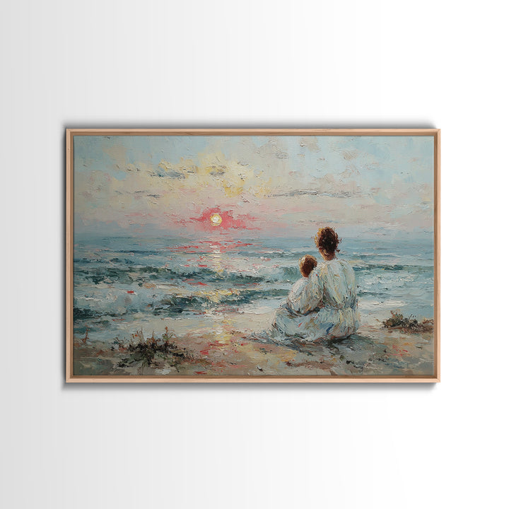 Mother And Child Watching Soft Seaside Sunset Canvas Print, Coastal Wall Art, Ocean Decor, Gift For Mom, Living Room Art