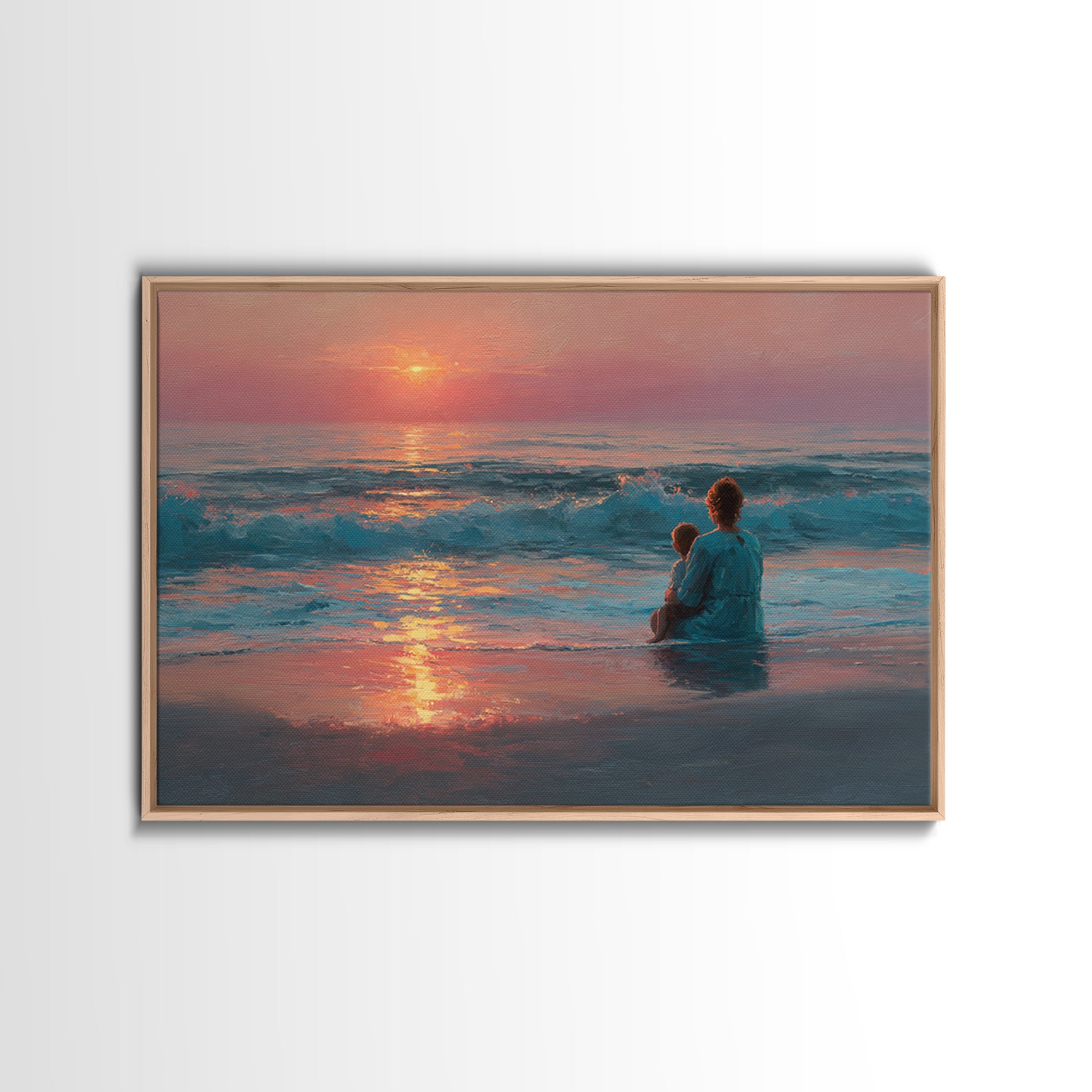Mother And Child In Rose Gold Ocean Waves Wall Art, Coastal Canvas