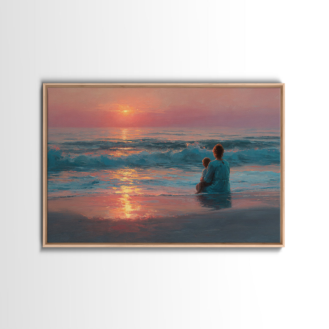 Mother And Child In Rose Gold Ocean Waves Wall Art, Coastal Canvas Print, Beach House Decor, Seascape, Gift For Mom, Living Room Decor